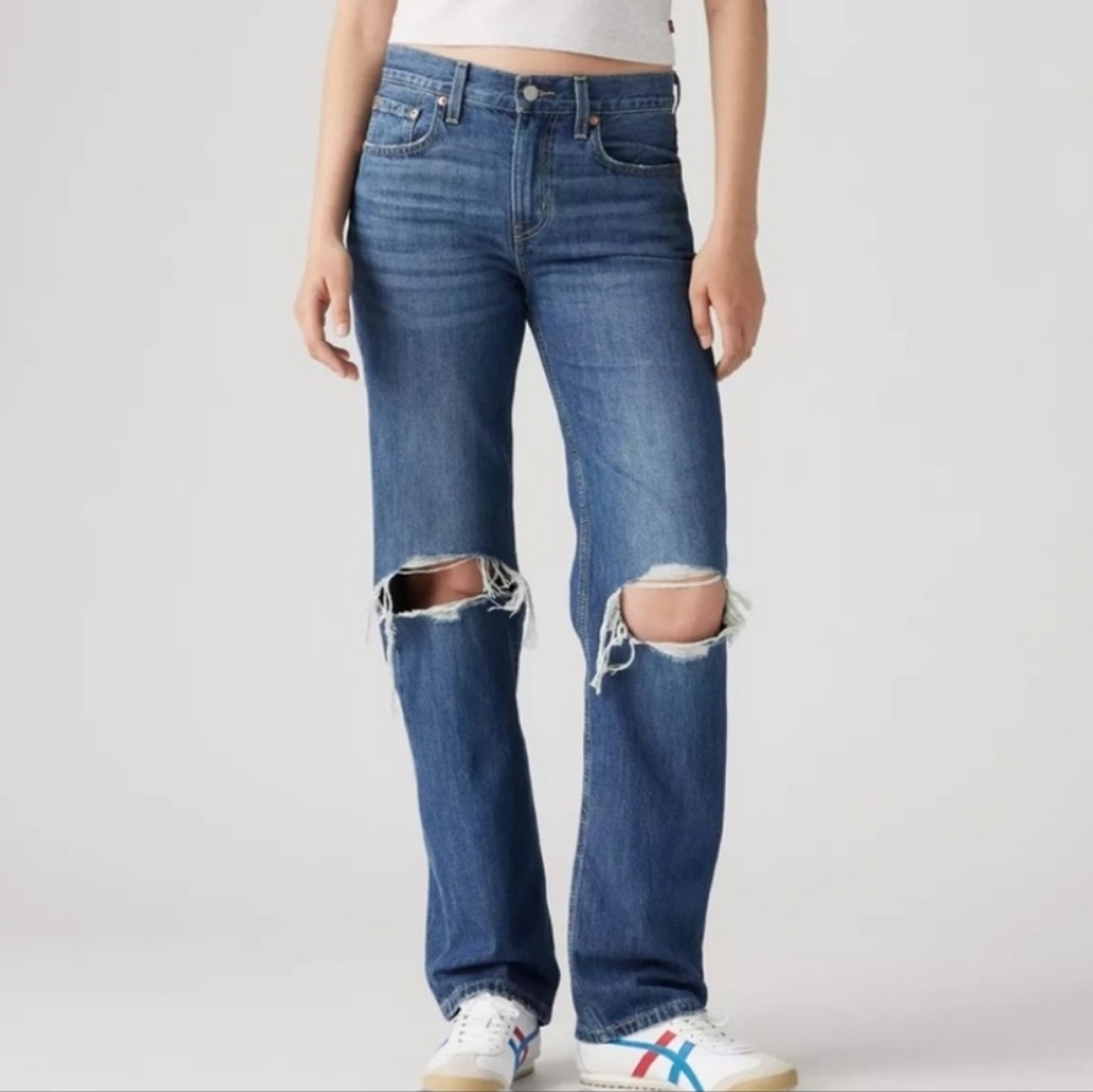 Levi's Low Pro Straight Distressed Jeans Size 25‎ Medium Wash Thrashed Cotton